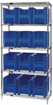 Bin Wire Shelving System, 36"W x 18"D x 74"H, 800 lbs load capacity per shelf, Chrome, Blue, Carbon Steel, WR5-600BL