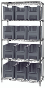 Bin Wire Shelving System, 36"W x 18"D x 74"H, 800 lbs load capacity per shelf, Chrome, Gray, Carbon Steel, WR5-600GY