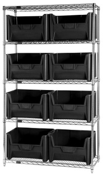 Bin Wire Shelving System, 42"W x 18"D x 74"H, 800 lbs load capacity per shelf, Chrome, Black, Carbon Steel, WR5-700BK