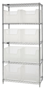 Bin Wire Shelving System, 36"W x 18"D x 74"H, 800 lbs load capacity per shelf, Chrome, Clear, Carbon Steel, WR5-800CL