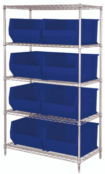 Bin Wire Shelving System, 42"W x 30"D x 74"H, 800 lbs load capacity per shelf, Chrome, Blue, Carbon Steel, WR5-975BL