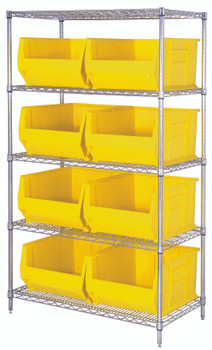 Bin Wire Shelving System, 42"W x 30"D x 74"H, 800 lbs load capacity per shelf, Chrome, Yellow, Carbon Steel, WR5-975YL