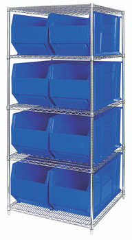 Bin Wire Shelving System, 36"W x 36"D x 74"H, 800 lbs load capacity per shelf, Chrome, Blue, Carbon Steel, WR5-993BL
