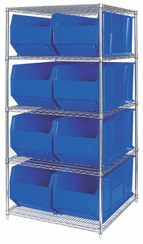 Bin Wire Shelving System, 60"W x 36"D x 74"H, 600 lbs load capacity per shelf, Chrome, Blue, Carbon Steel, WR5-997BL