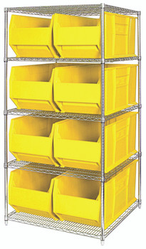 Bin Wire Shelving System, 60"W x 36"D x 74"H, 600 lbs load capacity per shelf, Chrome, Yellow, Carbon Steel, WR5-997YL