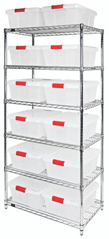 Bin Wire Shelving System, 36"W x 21"D x 74"H overall size, 800 lb. capacity per shelf, Chrome, Clear, Carbon Steel, WR6-191507CL