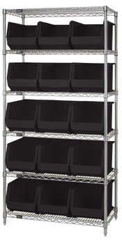 Bin Wire Shelving System, 36"L x 18"D x 74"H, 800 lbs load capacity per shelf, Chrome, Black, Carbon Steel, WR6-260BK