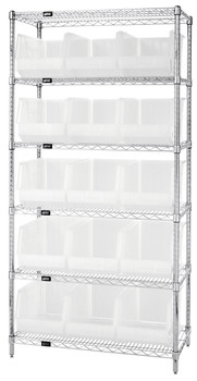 Bin Wire Shelving System, 36"L x 18"D x 74"H, 800 lbs load capacity per shelf, Chrome, Clear, Carbon Steel, WR6-260CL