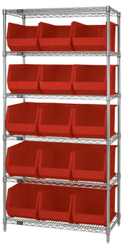 Bin Wire Shelving System, 36"L x 18"D x 74"H, 800 lbs load capacity per shelf, Chrome, Red, Carbon Steel, WR6-260RD
