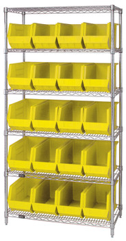 Bin Wire Shelving System, 36"L x 18"D x 74"H, 800 lbs load capacity per shelf, Chrome, Yellow, Carbon Steel, WR6-265YL