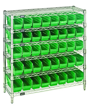 Bin Wire Shelving System, 36"W x 12"D x 36"H overall size, 800 lb. capacity per shelf, Chrome, Green, Carbon Steel, WR6-36-1236-101GN