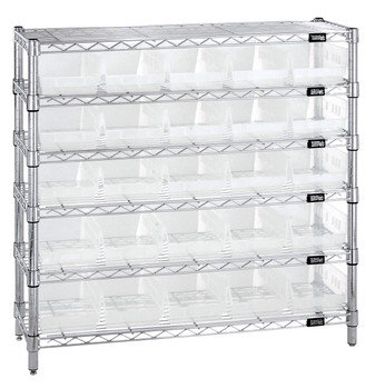 Bin Wire Shelving System, 36"W x 12"D x 36"H overall size, 800 lb. capacity per shelf, Chrome, Clear, Carbon Steel, WR6-36-1236-102CL