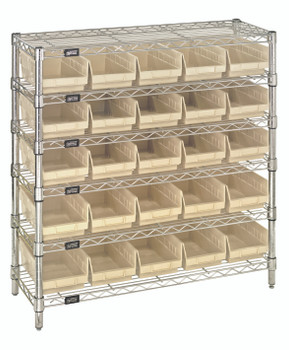 Bin Wire Shelving System, 36"W x 12"D x 36"H overall size, 800 lb. capacity per shelf, Chrome, Ivory, Carbon Steel, WR6-36-1236-102IV