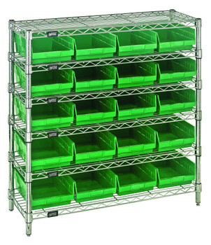 Bin Wire Shelving System, 36"W x 12"D x 36"H overall size, 800 lb. capacity per shelf, Chrome, Green, Carbon Steel, WR6-36-1236-107GN