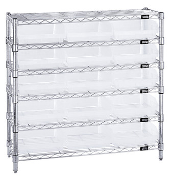 Bin Wire Shelving System, 36"W x 12"D x 36"H overall size, 800 lb. capacity per shelf, Chrome, Clear, Carbon Steel, WR6-36-1236-109CL