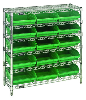 Bin Wire Shelving System, 36"W x 12"D x 36"H overall size, 800 lb. capacity per shelf, Chrome, Green, Carbon Steel, WR6-36-1236-109GN