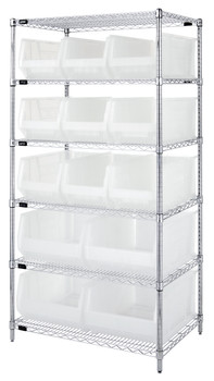 Bin Wire Shelving System, 36"W x 24"D x 74"H overall size, 800 lb. capacity per shelf, Chrome, Clear, Carbon Steel, WR6-953954CL