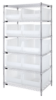 Bin Wire Shelving System, 36"W x 24"D x 74"H overall size, 800 lb. capacity per shelf, Chrome, Clear, Carbon Steel, WR6-954CL
