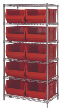 Bin Wire Shelving System, 48"W x 24"D x 74"H overall size, 800 lb. capacity per shelf, Chrome, Red, Carbon Steel, WR6-957RD