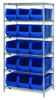 Bin Wire Shelving System, 36"W x 30"D x 74"H overall size, 800 lb. capacity per shelf, Chrome, Blue, Carbon Steel, WR6-973BL