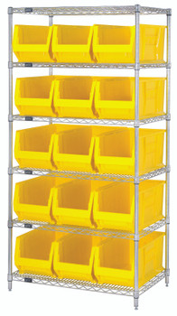 Bin Wire Shelving System, 36"W x 30"D x 74"H overall size, 800 lb. capacity per shelf, Chrome, Yellow, Carbon Steel, WR6-973YL