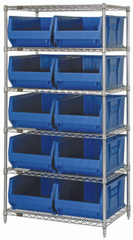 Bin Wire Shelving System, 36"W x 30"D x 74"H overall size, 800 lb. capacity per shelf, Chrome, Blue, Carbon Steel, WR6-974BL