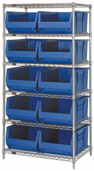 Bin Wire Shelving System, 36"W x 30"D x 74"H overall size, 800 lb. capacity per shelf, Chrome, Blue, Carbon Steel, WR6-974BL
