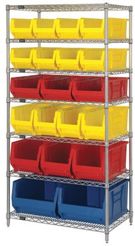 Bin Wire Shelving System, 36"W x 24"D x 74"H, 800 lb. capacity per shelf, Chrome, Blue/Red/Yellow, Carbon Steel, WR7-20-MIX