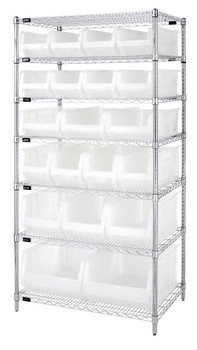 Bin Wire Shelving System, 36"W x 24"D x 74"H, 800 lb. capacity per shelf, Chrome, Clear, Carbon Steel, WR7-20-MIXCL