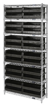 Bin Wire Shelving System, 36"W x 12"D x 74"H overall size, 800 lb. capacity per shelf, Chrome, Black, Carbon Steel, WR7-245BK