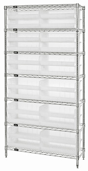 Bin Wire Shelving System, 36"W x 12"D x 74"H overall size, 800 lb. capacity per shelf, Chrome, Clear, Carbon Steel, WR7-245CL