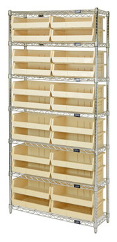 Bin Wire Shelving System, 36"W x 12"D x 74"H overall size, 800 lb. capacity per shelf, Chrome, Ivory, Carbon Steel, WR7-245IV