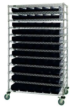 Bin Wire Shelving System, 60"L x 12"D x 74"H, 600 lbs load capacity per shelf, Chrome, Black, Carbon Steel, WR74-1260-88102BK