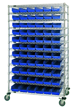 Bin Wire Shelving System, 60"L x 12"D x 74"H, 600 lbs load capacity per shelf, Chrome, Blue, Carbon Steel, WR74-1260-88102BL