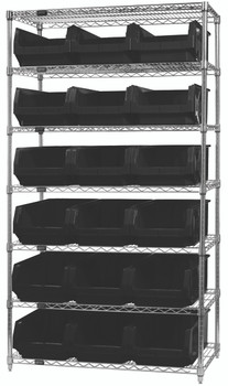 Bin Wire Shelving System, 42"W x 18"D x 74"H, 800 lbs load capacity per shelf, Chrome, Black, Carbon Steel, WR7-532BK