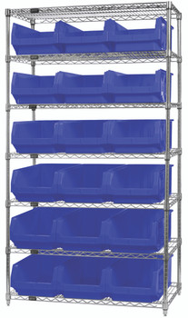 Bin Wire Shelving System, 42"W x 18"D x 74"H, 800 lbs load capacity per shelf, Chrome, Blue, Carbon Steel, WR7-532BL