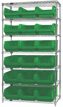 Bin Wire Shelving System, 42"W x 18"D x 74"H, 800 lbs load capacity per shelf, Chrome, Green, Carbon Steel, WR7-532GN