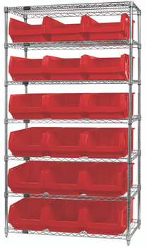 Bin Wire Shelving System, 42"W x 18"D x 74"H, 800 lbs load capacity per shelf, Chrome, Red, Carbon Steel, WR7-532RD