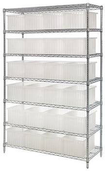 Bin Wire Shelving System, 48"W x 18"D x 74"H, 800 lbs load capacity per shelf, Chrome, Clear, Carbon Steel, WR7-92080CL