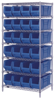 Wire Shelving Container System, 36"W x 24"D x 74"H, 800 lb. capacity, Chrome, Blue, Carbon Steel, WR7-951BL