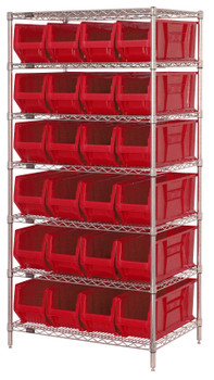 Wire Shelving Container System, 36"W x 24"D x 74"H, 800 lb. capacity, Chrome, Red, Carbon Steel, WR7-951RD