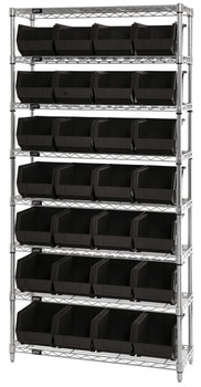 Bin Wire Shelving System, 36"W x 12"D x 74"H, 800 lbs load capacity per shelf, Chrome, Black, Carbon Steel, WR8-239BK