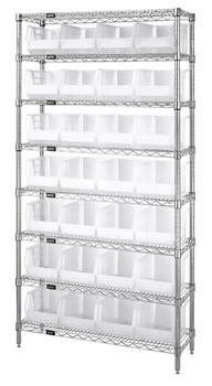 Bin Wire Shelving System, 36"W x 12"D x 74"H, 800 lbs load capacity per shelf, Chrome, Clear, Carbon Steel, WR8-239CL