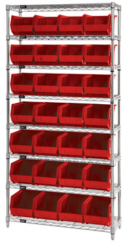 Bin Wire Shelving System, 36"W x 12"D x 74"H, 800 lbs load capacity per shelf, Chrome, Red, Carbon Steel, WR8-239RD