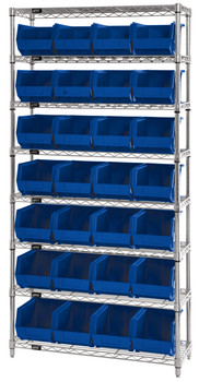Bin Wire Shelving System, 36"W x 14"D x 74"H, 800 lbs load capacity per shelf, Chrome, Blue, Carbon Steel, WR8-240BL