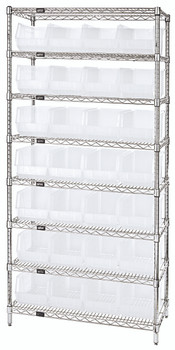 Bin Wire Shelving System, 36"W x 14"D x 74"H, 800 lbs load capacity per shelf, Chrome, Clear, Carbon Steel, WR8-240CL
