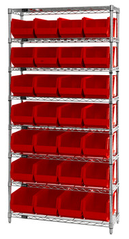 Bin Wire Shelving System, 36"W x 14"D x 74"H, 800 lbs load capacity per shelf, Chrome, Red, Carbon Steel, WR8-240RD