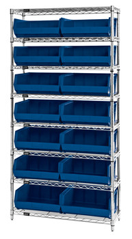 Bin Wire Shelving System, 36"W x 14"D x 74"H, 800 lbs load capacity per shelf, Chrome, Blue, Carbon Steel, WR8-250BL