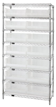 Bin Wire Shelving System, 36"W x 14"D x 74"H, 800 lbs load capacity per shelf, Chrome, Clear, Carbon Steel, WR8-250CL