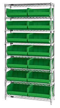 Bin Wire Shelving System, 36"W x 14"D x 74"H, 800 lbs load capacity per shelf, Chrome, Green, Carbon Steel, WR8-250GN